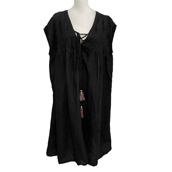 100% Linen V-Neck Pintuck Relaxed Oversized Dress Classic Black size Medium - Picture 1 of 10